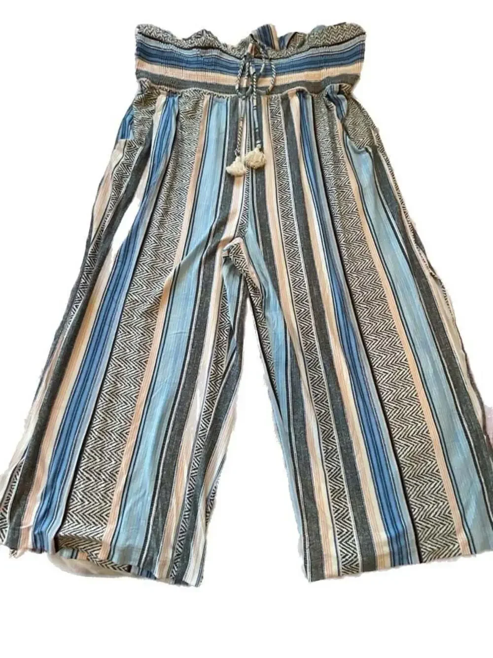 New 2XL Boho Fashion Striped Halter Neck Jumpsuit Tassel Tie Wide Culotte Legs